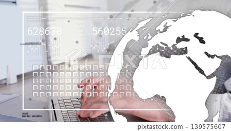 Typing hands wearing light shirt cuff pressing laptop keys at desk, showing globe HUD and readouts Typing hands wearing light shirt cuff pressing laptop keys at desk, showing globe HUD and readouts 139575607