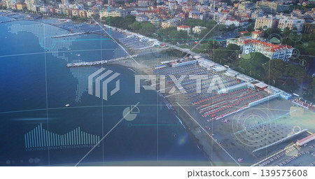 Showing beach with sunbeds, umbrellas, piers and boats at coast, in swimwear, HUD overlays Showing beach with sunbeds, umbrellas, piers and boats at coast, in swimwear, HUD overlays 139575608