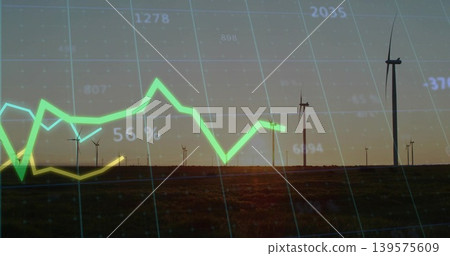 Displaying wind turbines merging with green-yellow line graph on plain at sunset, showing 56% Displaying wind turbines merging with green-yellow line graph on plain at sunset, showing 56% 139575609
