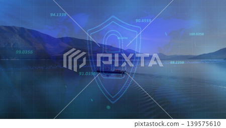 Floating holographic shield with padlock over mountain lake at morning, showing boat grid telemetry 139575610