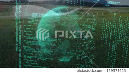 Hovering teal hologram globe projecting wire grids, coordinate markers and code columns over meadow Hovering teal hologram globe projecting wire grids, coordinate markers and code columns over meadow 139575613