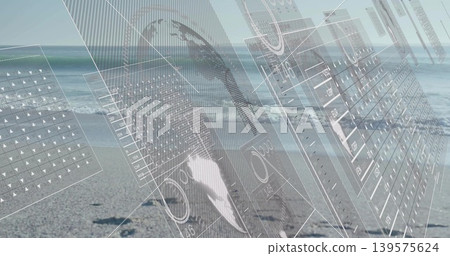 Displaying ghostlike silhouette wearing jacket headset on sandy shore, showing floating UI, prints Displaying ghostlike silhouette wearing jacket headset on sandy shore, showing floating UI, prints 139575624