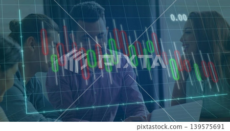 Reviewing market data, team in work shirts and blouse studying laptop in office, candlestick chart Reviewing market data, team in work shirts and blouse studying laptop in office, candlestick chart 139575691