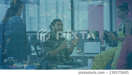Gesturing bearded man wearing plaid shirt leading meeting in open office with laptops, smartphone Gesturing bearded man wearing plaid shirt leading meeting in open office with laptops, smartphone 139575695