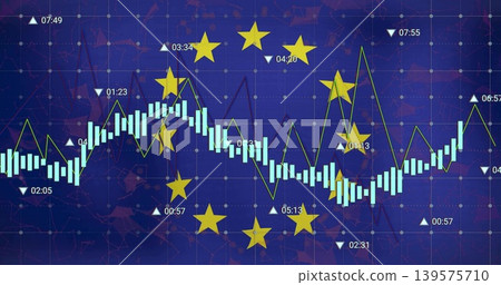 Displaying cyan candles tracing green trend line on market screen, featuring yellow EU stars, times Displaying cyan candles tracing green trend line on market screen, featuring yellow EU stars, times 139575710