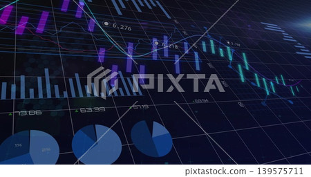 Displaying financial dashboard on tilted screen with candlestick, line graphs, bars, pie charts Displaying financial dashboard on tilted screen with candlestick, line graphs, bars, pie charts 139575711