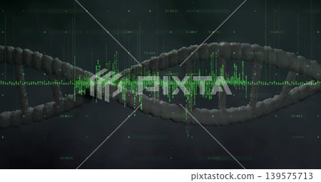 Showing textured DNA double helix running across dark smoky backdrop, with bright green waveform Showing textured DNA double helix running across dark smoky backdrop, with bright green waveform 139575713