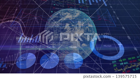 Displaying semitransparent Earth globe rotating in data dashboard, showing pie donut graphs tickers Displaying semitransparent Earth globe rotating in data dashboard, showing pie donut graphs tickers 139575715