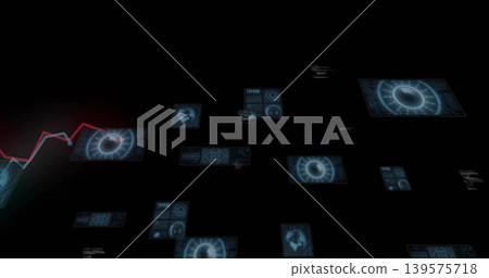 Glowing holographic panels drifting through virtual void, showing radar dials and red sparkline Glowing holographic panels drifting through virtual void, showing radar dials and red sparkline 139575718