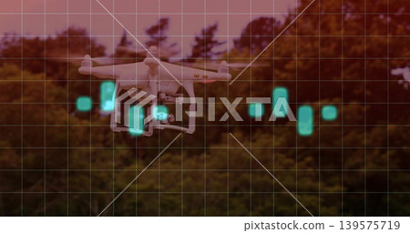 Hovering white quadcopter showing gimbal and four propellers over tree line, teal HUD grid Hovering white quadcopter showing gimbal and four propellers over tree line, teal HUD grid 139575719