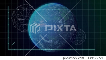Displaying Earth-like globe rotating within virtual HUD, with Cartesian axes and wireframe spheres 139575721
