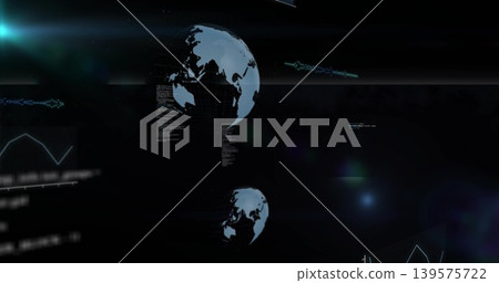 Hovering two stylized digital globes displaying code blocks and graphs on virtual dashboard, HUD 139575722