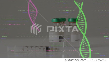 Showing two vaccine vials green caps, syringe resting on lab bench, pink green DNA glitch lines Showing two vaccine vials green caps, syringe resting on lab bench, pink green DNA glitch lines 139575732