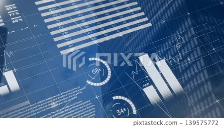 Displaying blue analytics dashboard in office, showing tables, bars, lines, gauges 68% 34%, facade 139575772
