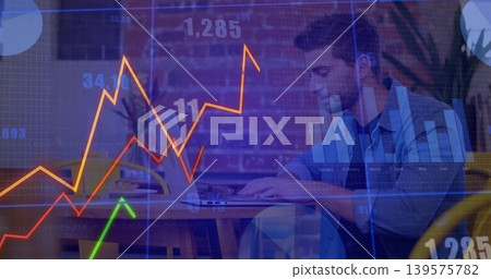 Leaning man in shirt and tie typing on laptop at cafe, with financial overlays, copy space Leaning man in shirt and tie typing on laptop at cafe, with financial overlays, copy space 139575782