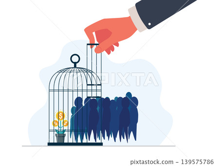 Business control concept with caged workers and profit stock illustration. Business control concept with caged workers and profit stock illustration. 139575786