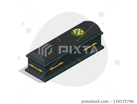 Funeral Coffin with Floral Wreath Isometric View stock illustration. Funeral Coffin with Floral Wreath Isometric View stock illustration. 139575790