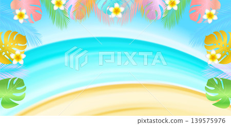 A summer background featuring a tropical beach and floral decorations. 139575976
