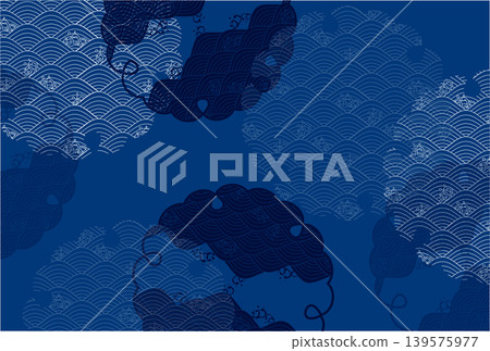 A blue background design featuring Japanese-style wave patterns and clouds. A blue background design featuring Japanese-style wave patterns and clouds. 139575977