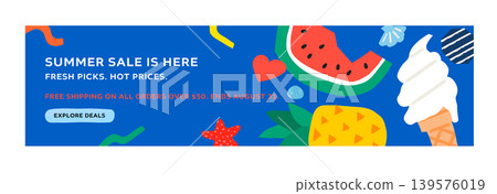 Summer Sale Horizontal Banner Template Naive Art Doodle Style Watermelon Ice Cream Starfish Kitschy Summer Sale Horizontal Banner Template Naive Art Doodle Style Watermelon Ice Cream Starfish Kitschy 139576019