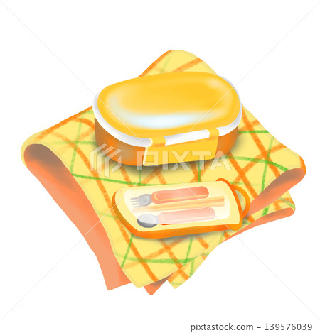 Lunch box set illustration - yellow (lunch box, napkin, chopsticks, spoon, fork case) 139576039