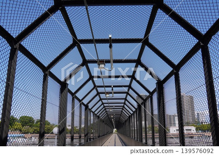 The protective netting fence on the roof of the facility stands out against the blue sky, creating a refreshing early summer scene. The protective netting fence on the roof of the facility stands out against the blue sky, creating a refreshing early summer scene. 139576092