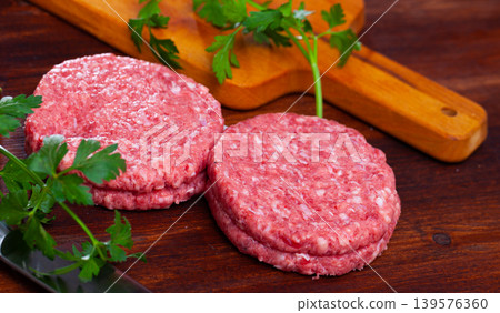 Raw minced beef patties for hamburgers Raw minced beef patties for hamburgers 139576360