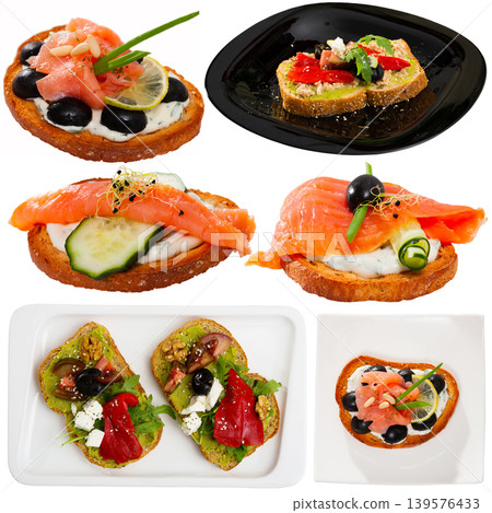 Collection of toasts and sandwiches isolated on white Collection of toasts and sandwiches isolated on white 139576433