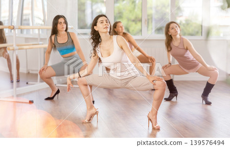 During lesson, girl learn to move and perform dance in heels with women companions During lesson, girl learn to move and perform dance in heels with women companions 139576494