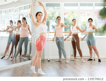 Young girl demonstrating ballet positions during choreography classes 139576612