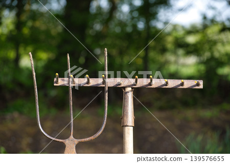 Vintage garden tools, pitchfork and rake, against a blurred green outdoor background Vintage garden tools, pitchfork and rake, against a blurred green outdoor background 139576655