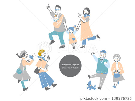 人們一起外出遊玩:時尚可愛的手繪風格插圖。 人們一起外出遊玩:時尚可愛的手繪風格插圖。 139576725