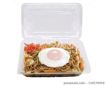 Yakisoba (opened pack) topped with a fried egg Yakisoba (opened pack) topped with a fried egg 139576959