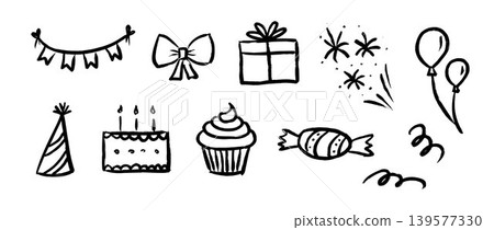 Hand drawn birthday doodle collection. Kid party sketched elements for birthday celebration, party decoration. Crayon scribbled cake, cupcake, balloon, party hat, gift box, present bow, candy. Vector Hand drawn birthday doodle collection. Kid party sketched elements for birthday celebration, party decoration. Crayon scribbled cake, cupcake, balloon, party hat, gift box, present bow, candy. Vector 139577330