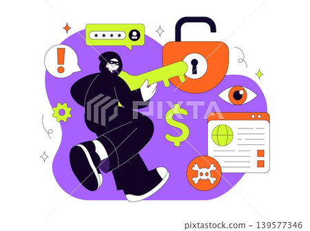 Hacker Vector Illustration Featuring Cyber Security Threat, Data Breach, Online Privacy Protection and Digital Crime Design Hacker Vector Illustration Featuring Cyber Security Threat, Data Breach, Online Privacy Protection and Digital Crime Design 139577346