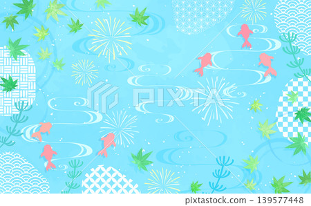 A Japanese-style, refreshing illustration of green maple leaves and goldfish swimming on the water's surface (horizontal view) A Japanese-style, refreshing illustration of green maple leaves and goldfish swimming on the water's surface (horizontal view) 139577448