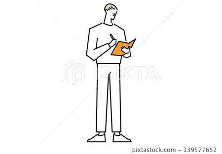 一名男子站著在筆記本或日記本上寫作。 一名男子站著在筆記本或日記本上寫作。 139577652