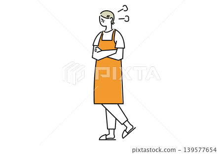 一位身穿圍裙、雙臂交叉、面露怒容的女子。 一位身穿圍裙、雙臂交叉、面露怒容的女子。 139577654