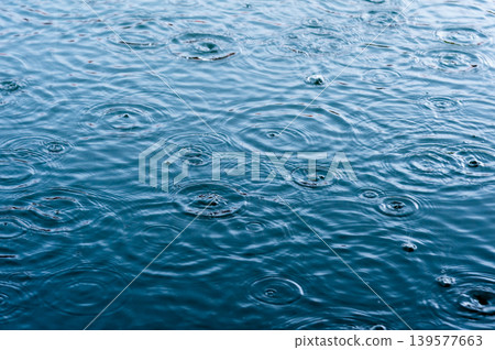 rain drops on the surface of water in a puddle with graduated shade of black shadow and reflection of blue sky rain drops on the surface of water in a puddle with graduated shade of black shadow and reflection of blue sky 139577663