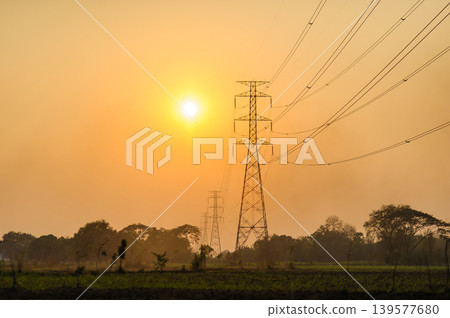 sunset and electric wire sunset and electric wire 139577680
