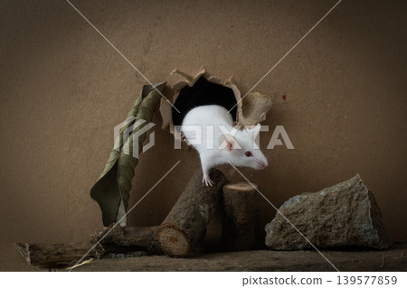 Curious white lab mouse (Mus musculus) peeking out from a hole in a cardboard box. 139577859