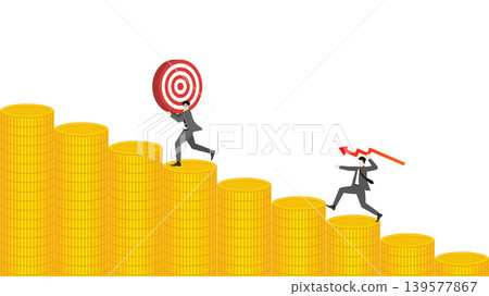 Businessman throwing red line graph arrow to target on falling gold coins bar graph for investment rebalancing and gold market risk management crisis concept 139577867