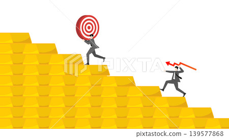 Businessman throwing red line graph arrow to target on falling gold bars bar graph for precious metal investment rebalancing and risk management during market crash 139577868