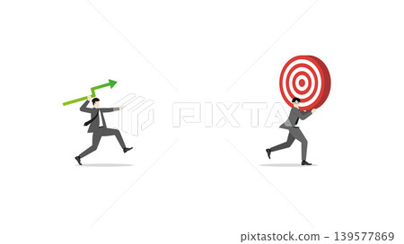 Businessman throwing green line graph arrow to hit center of target board for financial success profit growth and business investment objective achievement goal concept 139577869
