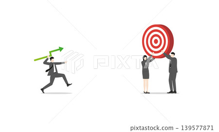 Business teamwork together throwing green line graph arrow to hit target for corporate success synergy profit growth and financial investment achievement goal concept 139577871