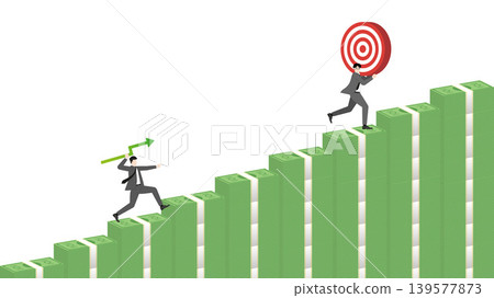 Successful businessman throwing green line graph arrow to hit target on rising banknotes bar graph for financial growth profit and cash flow investment achievement concept 139577873