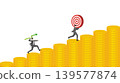Successful businessman throwing green line graph arrow to hit target on rising gold coins bar graph for wealth accumulation and financial investment achievement concept 139577874