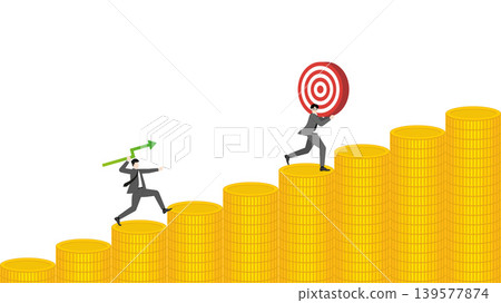 Successful businessman throwing green line graph arrow to hit target on rising gold coins bar graph for wealth accumulation and financial investment achievement concept 139577874
