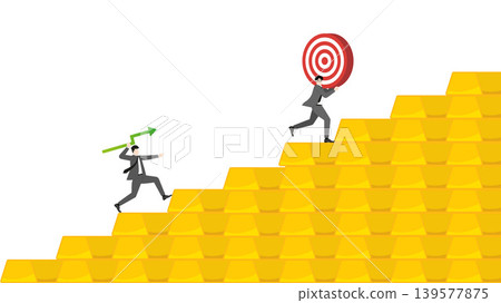 Successful businessman throwing green line graph arrow to hit target on rising gold bars bar graph for precious metal asset growth and investment achievement concept 139577875