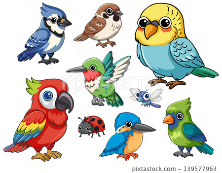 Collection of Cute Cartoon Birds and Insects on White Background Collection of Cute Cartoon Birds and Insects on White Background 139577963